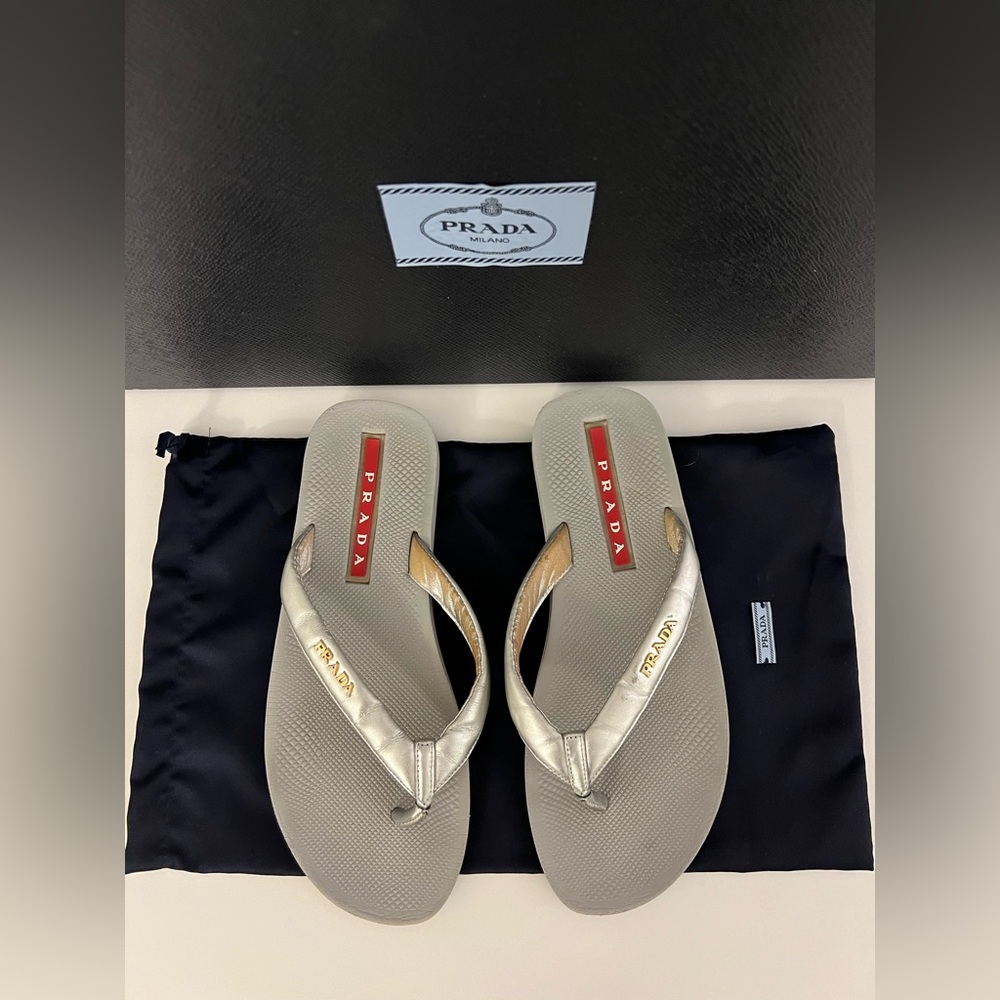 Prada Women’s Leather in Metallic Silver Flip Flops, Size 6